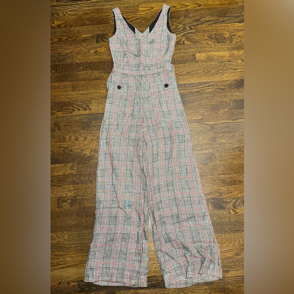 Mango Linen Wide Leg Jumpsuit, Grey Plaid, Size: XS